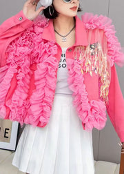 Fashion Pink Tulle Ruffled Tasseled Patchwork Denim Jackets Spring