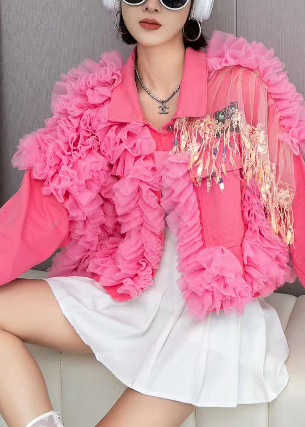 Fashion Pink Tulle Ruffled Tasseled Patchwork Denim Jackets Spring