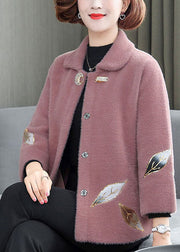 Fashion Pink Turn-down Collar Embroidered Thick Mink Hair Velvet Coats Winter