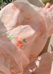 Fashion Pink V Neck Button Print Patchwork Cotton Top Lantern Sleeve