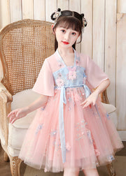 Fashion Pink V Neck Embroidered Layered Tulle Kids Mid Dress Short Sleeve