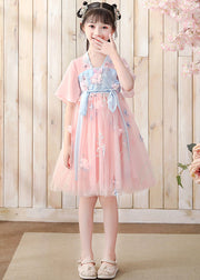 Fashion Pink V Neck Embroidered Layered Tulle Kids Mid Dress Short Sleeve