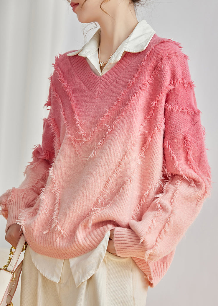 Fashion Pink V Neck Gradient Tasseled Knit Sweater Top Spring