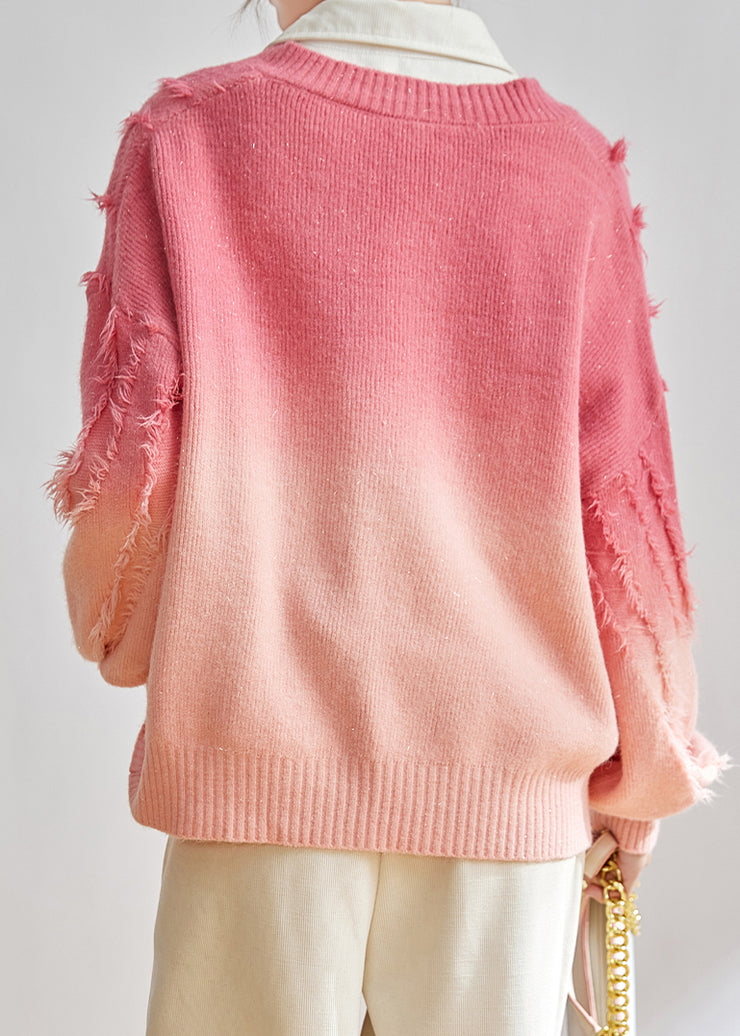Fashion Pink V Neck Gradient Tasseled Knit Sweater Top Spring