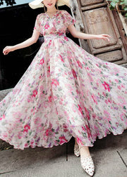 Fashion Pink V Neck Print Chiffon Exra Large Hem Dress Summer