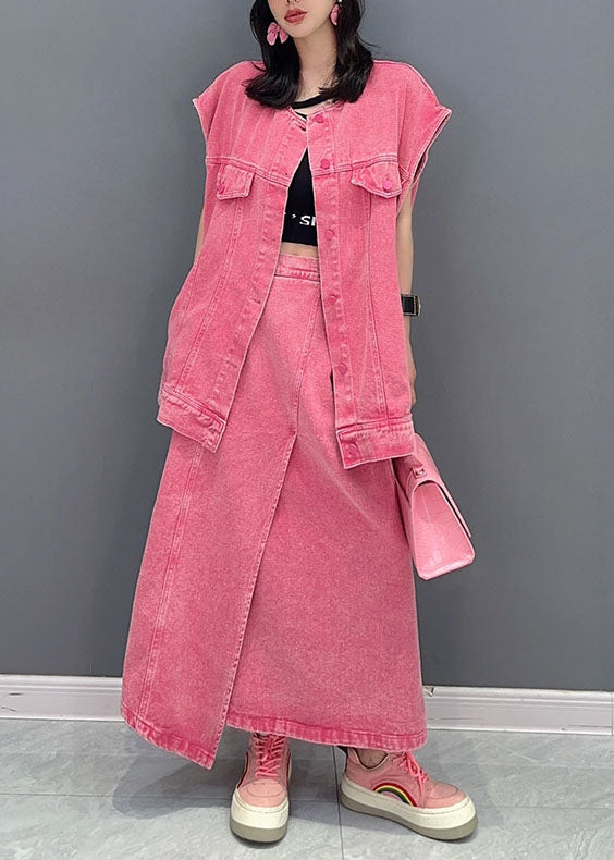 Fashion Pink Vest And Skirts Denim Two Piece Set Women Clothing Summer