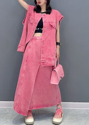 Fashion Pink Vest And Skirts Denim Two Piece Set Women Clothing Summer