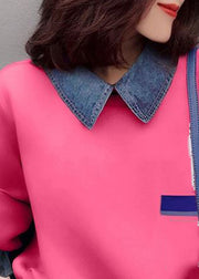 Fashion Pink drawstring Peter Pan Collar denim Patchwork Sweatshirts Top Spring