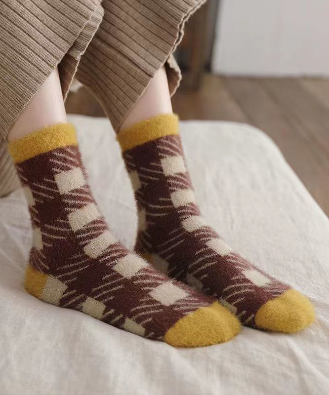 Fashion Plaid Mink Velvet Warm Fleece Mid Calf Socks