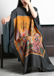 Fashion Plus Size Yellow Print O-Neck Silk Long Dress Batwing Sleeve