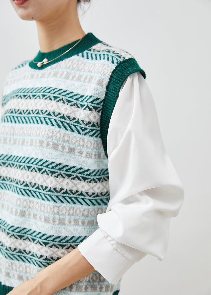 Fashion Print Patchwork Knit Fake Two Piece Blouses Spring