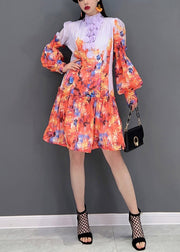 Fashion Print Stand Collar Patchwork Chiffon Dresses lantern sleeve