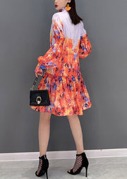 Fashion Print Stand Collar Patchwork Chiffon Dresses lantern sleeve