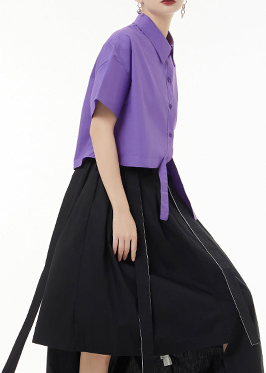 Fashion Purple Asymmetrical Button Patchwork Cotton Shirt Top Short Sleeve