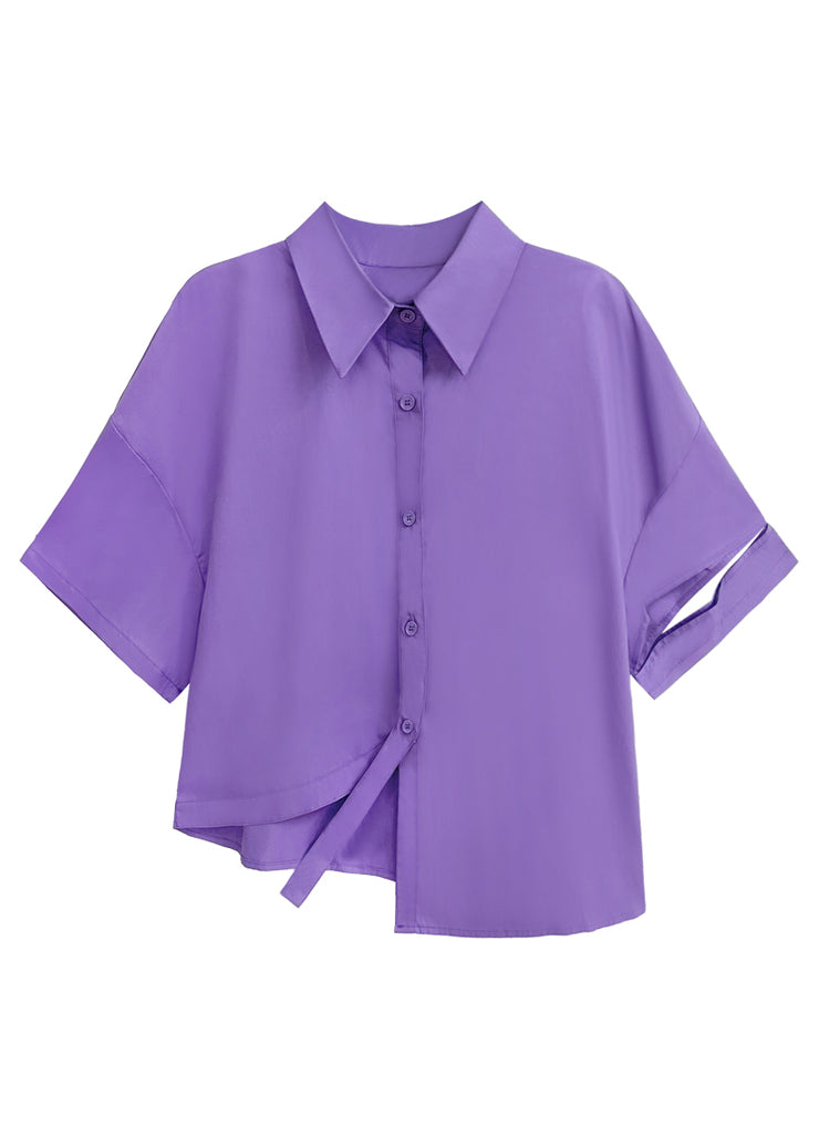 Fashion Purple Asymmetrical Button Patchwork Cotton Shirt Top Short Sleeve
