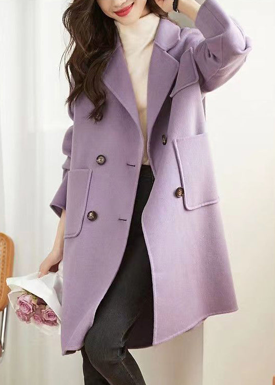 Fashion Purple Double Breast Pockets Patchwork Woolen Coats Fall