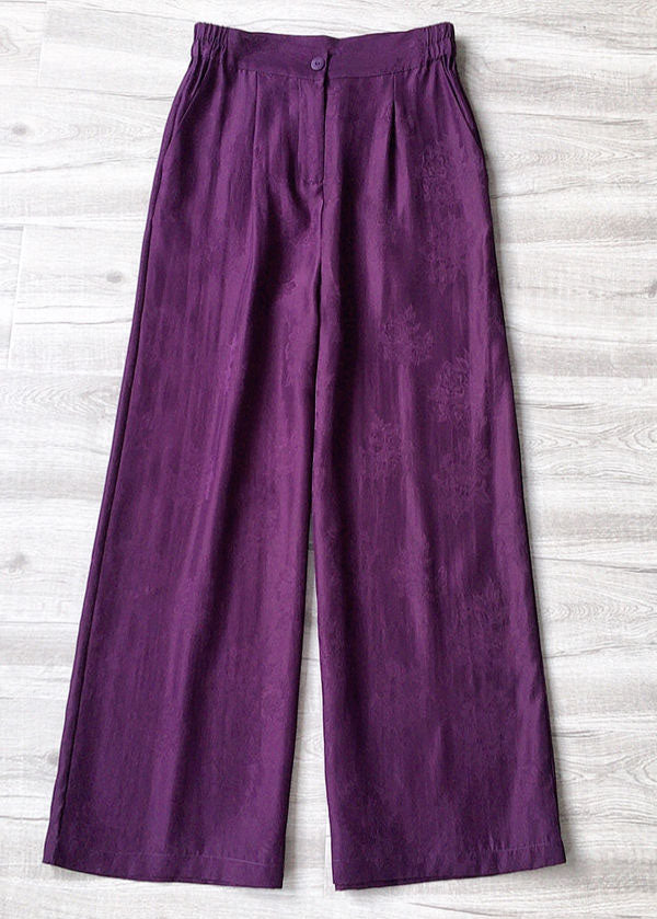 Fashion Purple Elastic Waist Pockets Jacquard Silk Wide Leg Pants Summer