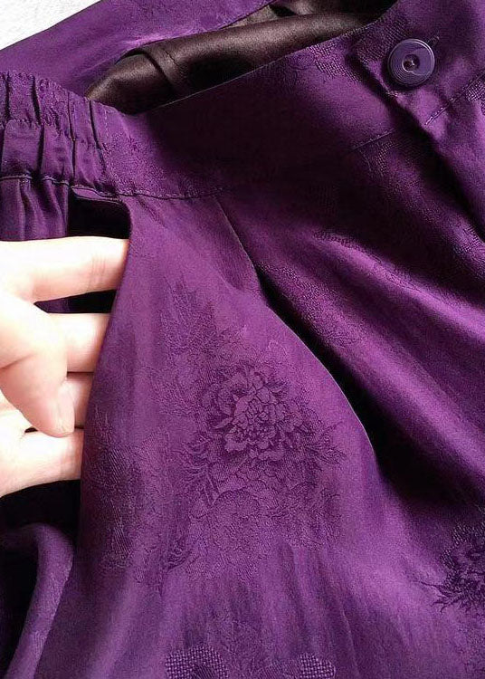 Fashion Purple Elastic Waist Pockets Jacquard Silk Wide Leg Pants Summer