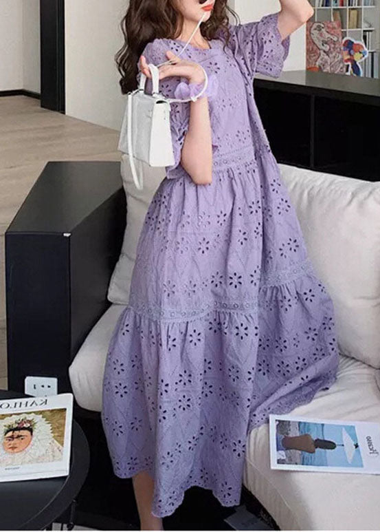 Fashion Purple Embroidered Hollow Out Patchwork Cotton Dress Puff Sleeve