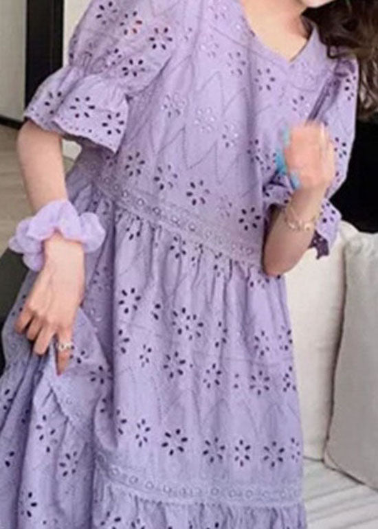 Fashion Purple Embroidered Hollow Out Patchwork Cotton Dress Puff Sleeve