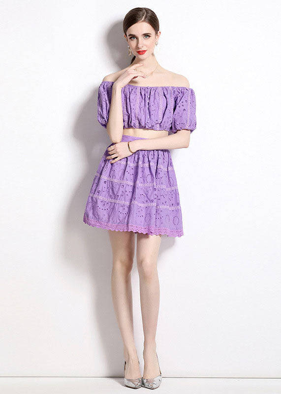 Fashion Purple Hollow Out Wrinkled Patchwork Cotton 2 Piece Outfit Summer