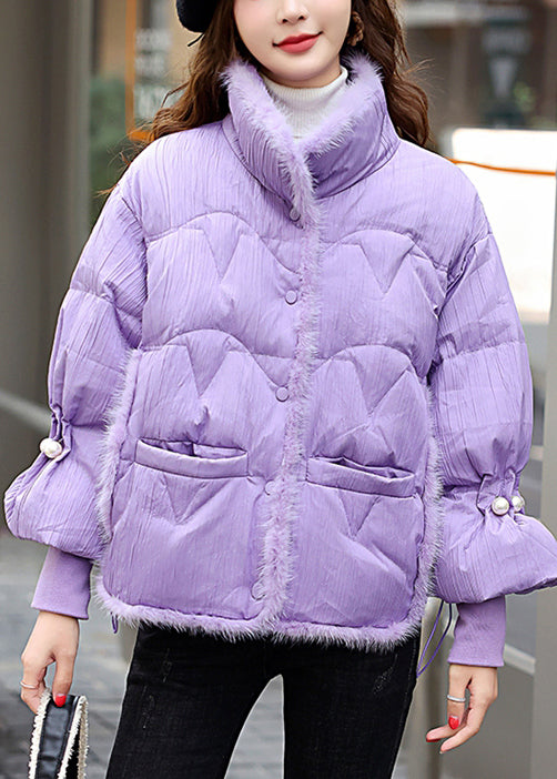 Fashion Purple Mink Hair Patchwork Drawstring Duck Down Winter Coats Winter