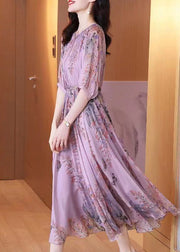 Fashion Purple O-Neck Print Chiffon Maxi Dresses Summer