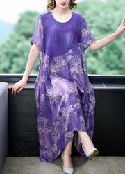 Fashion Purple O Neck Print Wrinkled Patchwork Silk Dress Summer