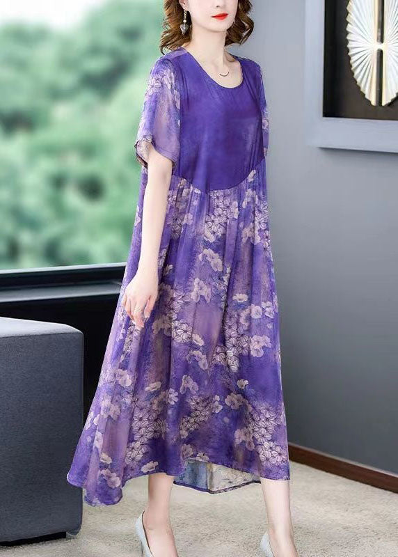 Fashion Purple O Neck Print Wrinkled Patchwork Silk Dress Summer
