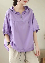Fashion Purple Patchwork Cotton Solid Hooded Top Short Sleeve