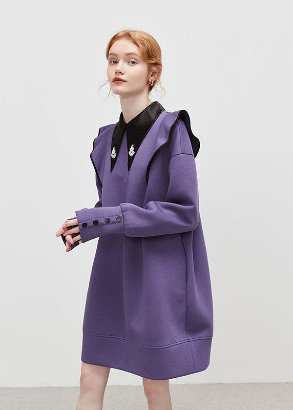 Fashion Purple Peter Pan Collar Patchwork Ruffled Cotton Dress Spring