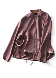 Fashion Purple Pink Zip Up Patchwork Drawstring Cotton Jacket Fall