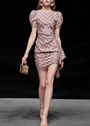 Fashion Purple Plaid O Neck Cotton Slim Fit Dress Summer