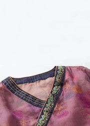 Fashion Purple Print Side Open Cotton Top Bracelet Sleeve