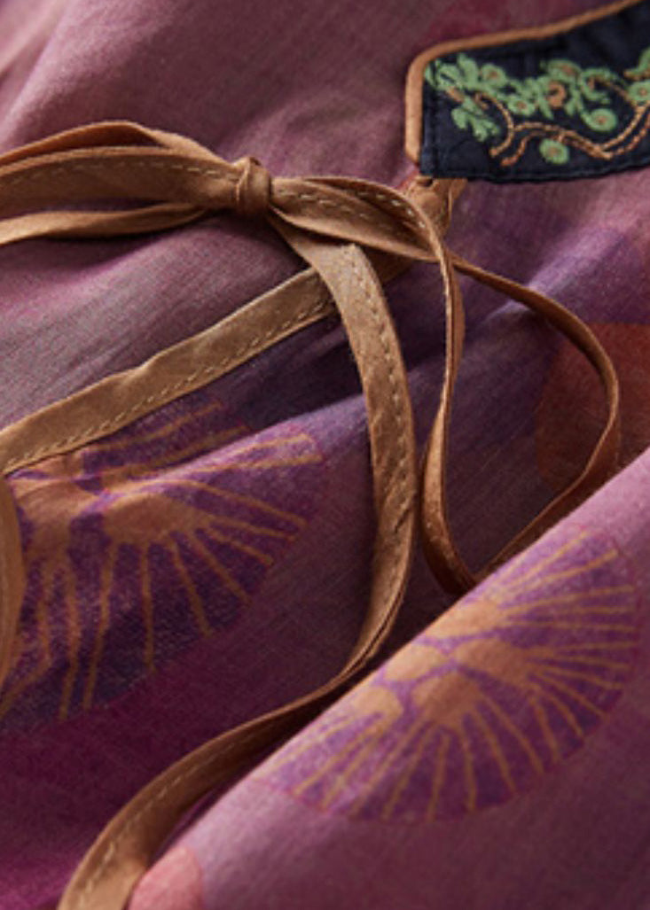 Fashion Purple Print Side Open Cotton Top Bracelet Sleeve