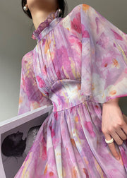 Fashion Purple Ruffled Print Cinched Chiffon Vacation Dress Summer