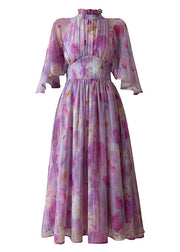 Fashion Purple Ruffled Print Cinched Chiffon Vacation Dress Summer
