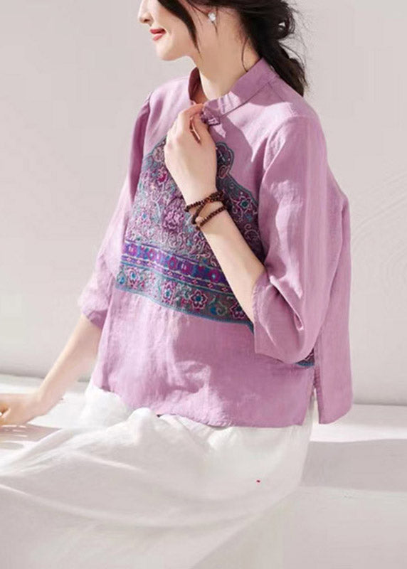 Fashion Purple Stand Collar Embroidered Floral Button Linen Shirt Long Sleeve