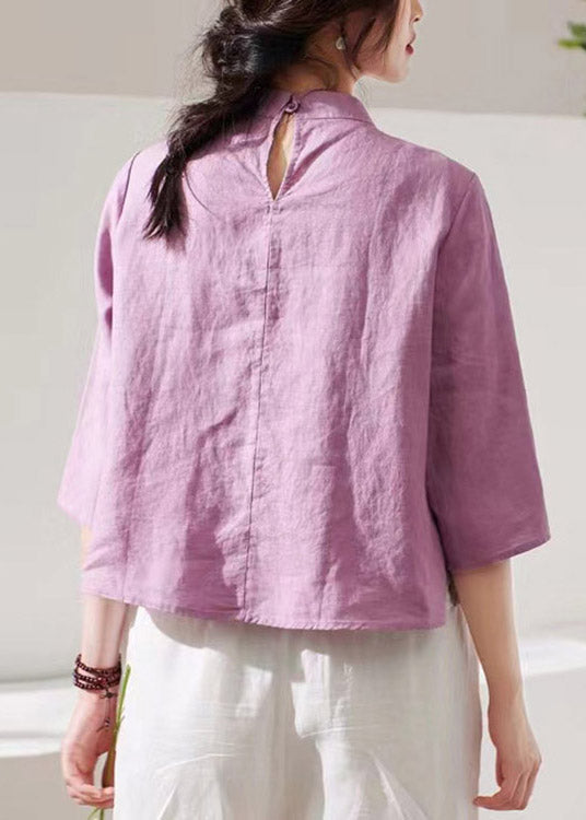 Fashion Purple Stand Collar Embroidered Floral Button Linen Shirt Long Sleeve