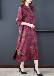 Fashion Purple Stand Collar Print Button Side Open Silk Long Dresses Summer
