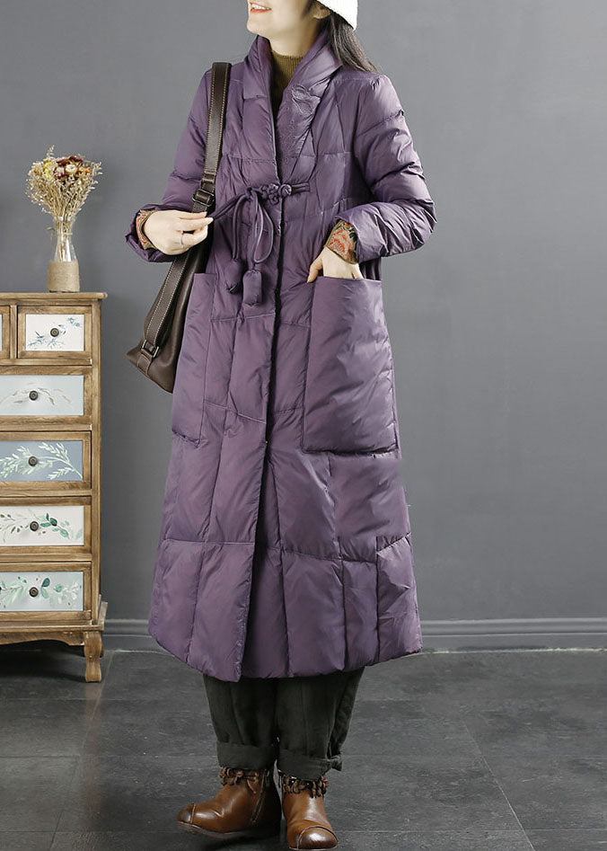 Fashion Purple Stand CollarEmbroidered Tassel Pockets Duck Down Down Coat Long Sleeve