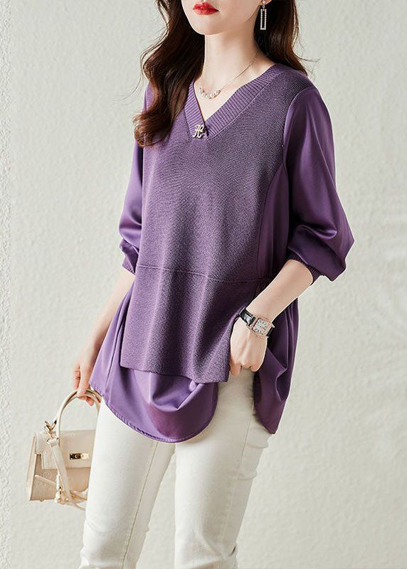 Fashion Purple V Neck Patchwork Knit Fake Two Piece Top Long Sleeve