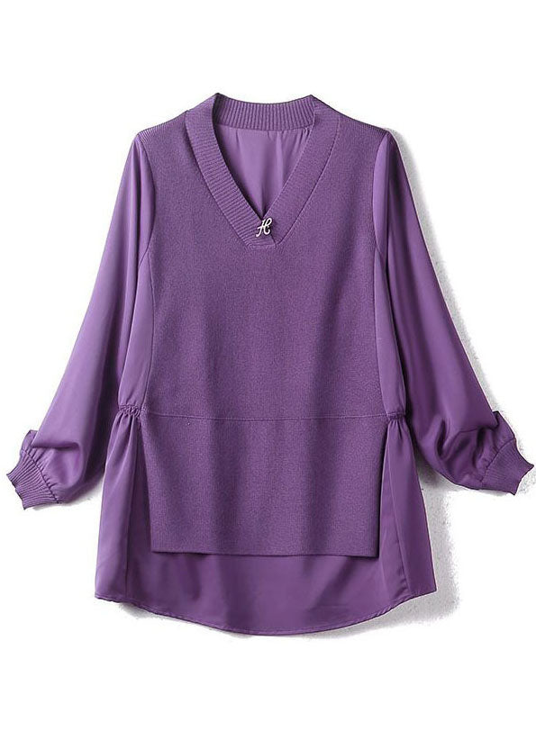 Fashion Purple V Neck Patchwork Knit Fake Two Piece Top Long Sleeve