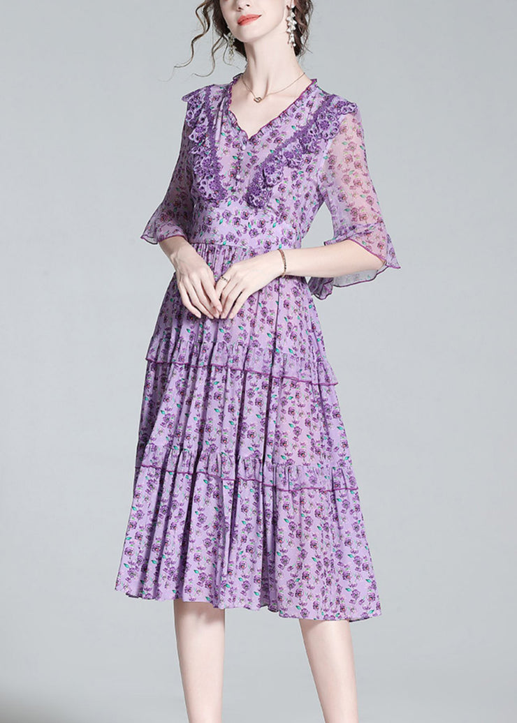 Fashion Purple V Neck Print Wrinkled Button Silk Long Dress Half Sleeve