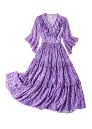 Fashion Purple V Neck Print Wrinkled Button Silk Long Dress Half Sleeve