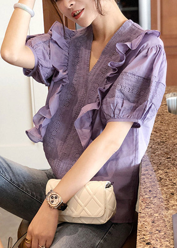 Fashion Purple V Neck Ruffled Patchwork Cotton Tops Lantern Sleeve