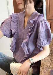 Fashion Purple V Neck Ruffled Patchwork Cotton Tops Lantern Sleeve