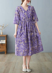 Fashion Purple V Neck drawstring Print Long Dresses Half Sleeve