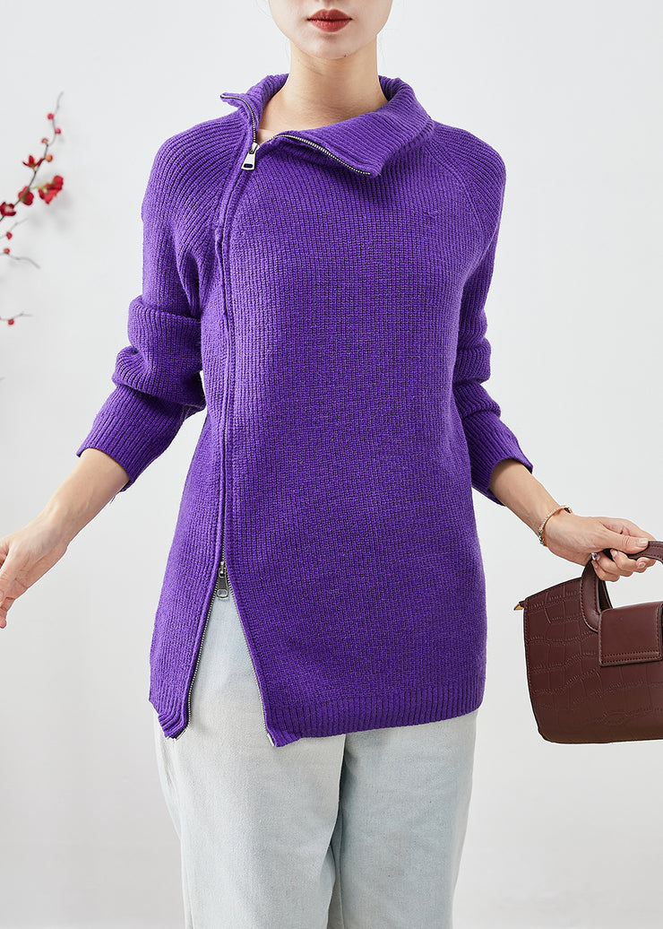 Fashion Purple Zip Up Thick Knit Short Sweater Winter