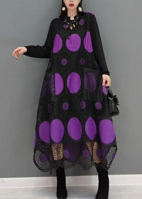 Fashion Purple pockets dot print Patchwork lace Maxi Dress Spring